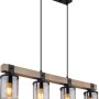 Moderne 4-flammige Pendelleuchte in Schwarz matt mit Rauchglas-Schirmen und Holzbalken.