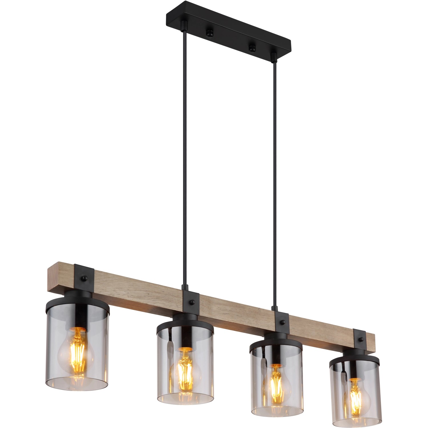 Moderne 4-flammige Pendelleuchte in Schwarz matt mit Rauchglas-Schirmen und Holzbalken.
