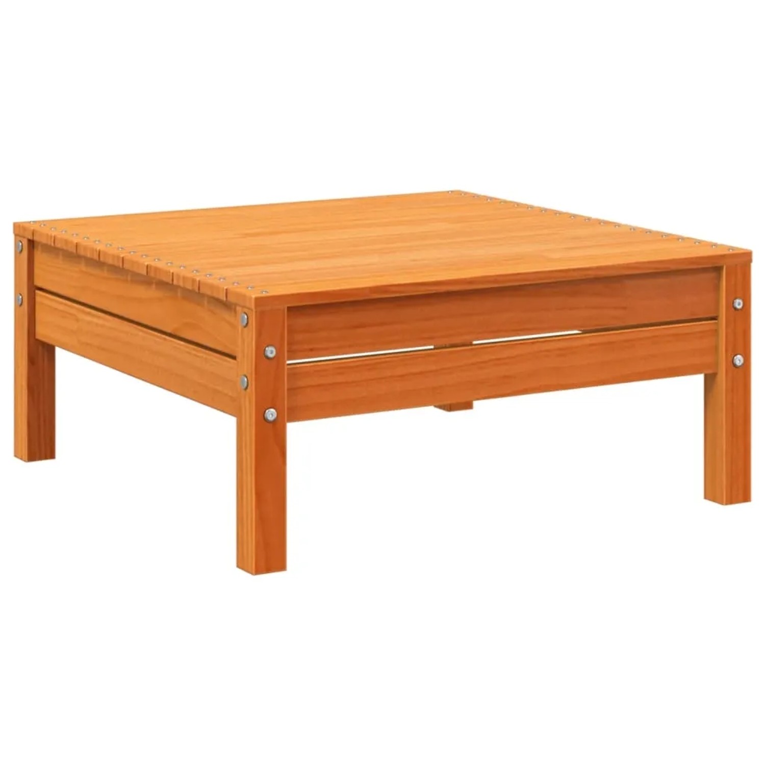 Quadratischer Hocker aus braunem Kiefernholz, Teil der vidaXL Garten-Sofagarnitur.