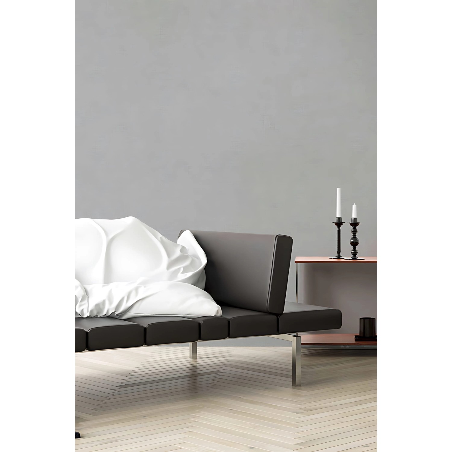 Graue Uni-Tapete von PROFHOME (374304-GU) an Wand über Sofa. Dekorative Vliestapete mit matter Optik.