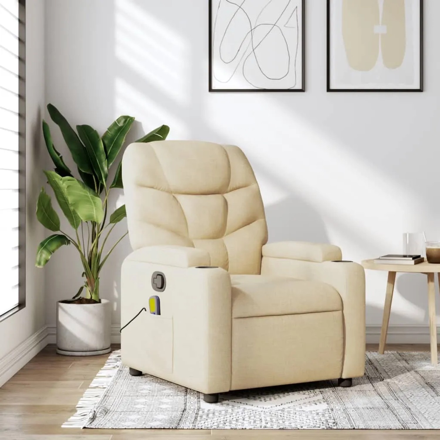 Cremefarbener vidaXL Massagesessel aus Stoff mit Getränkehaltern und Vibrationsfunktion.