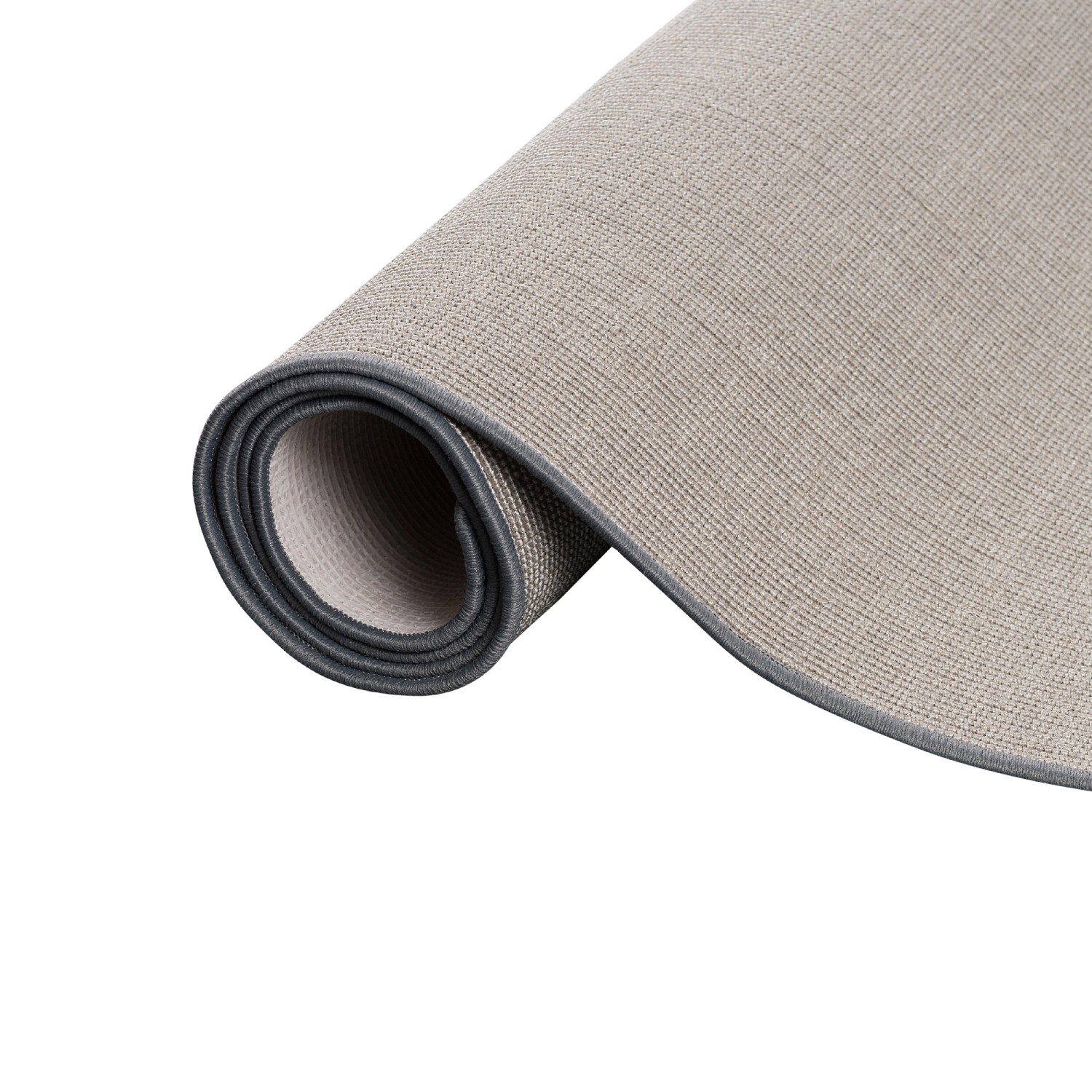 Gerollter, grauer Snapstyle Sisal Teppich (160x240 cm) mit rutschhemmendem Rücken.