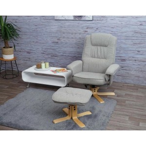 MCW Relaxsessel H56 hellgrau mit Hocker. Bequemer TV Sessel mit Stoffbezug und Holzfuß.