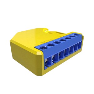 Gelber Shelly LED-Controller RGBW2 für Hausautomation mit blauen Anschlüssen.