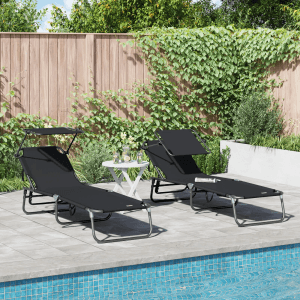 Zwei schwarze vidaXL Sonnenliegen mit Sonnenblende aus Oxfordstoff am Pool.
