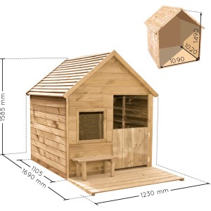 Soulet Kinderspielhaus Heidi aus Holz mit Sitzbank und Maßen. Kategorie: Spielhäuser.