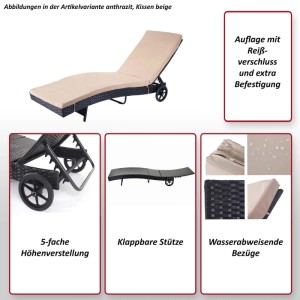 Anthrazitfarbene Poly-Rattan Sonnenliege mit beigem Kissen, 5-fach verstellbar, Rädern, wasserabweisendem Bezug.