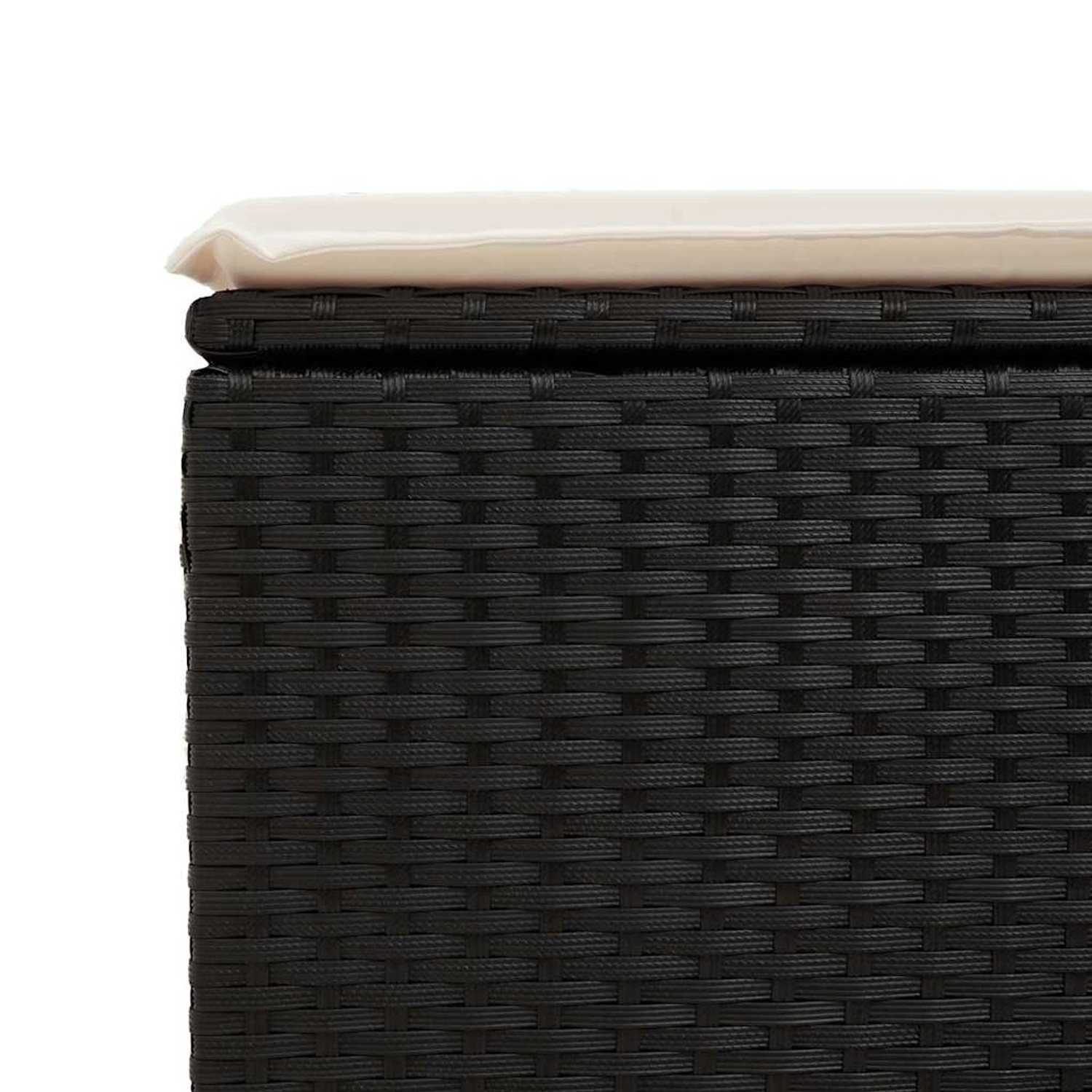 Detailaufnahme: Schwarze vidaXL Garten-Sofagarnitur aus Rattan mit cremefarbenem Kissen.
