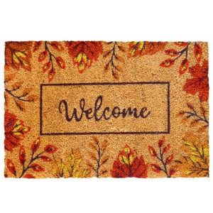 Naturfarbene Kokosfaser Fußmatte mit 'Welcome'-Schriftzug und bunten Herbstblättern, rutschfest, wetterfest.