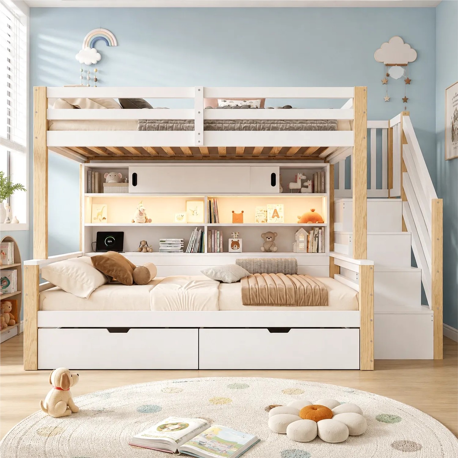 Merax Etagenbett 90 x 200 90 x 200 cm Massivholz mit LED USB Treppe Weiß Natur
