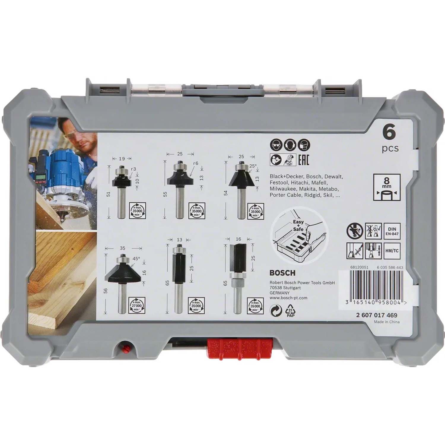 Bosch Rand- und Kantenfräser Set, 6-teilig, 8 mm Schaft in grauer Aufbewahrungsbox.