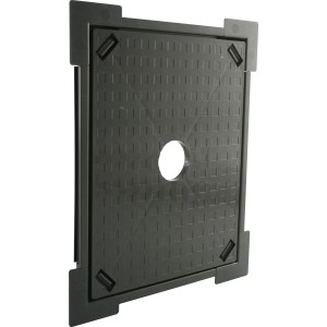 Schwarzer Fliesenrahmen aus Kunststoff, 210x260 mm, mit mittiger Öffnung für Fliesenschienen.