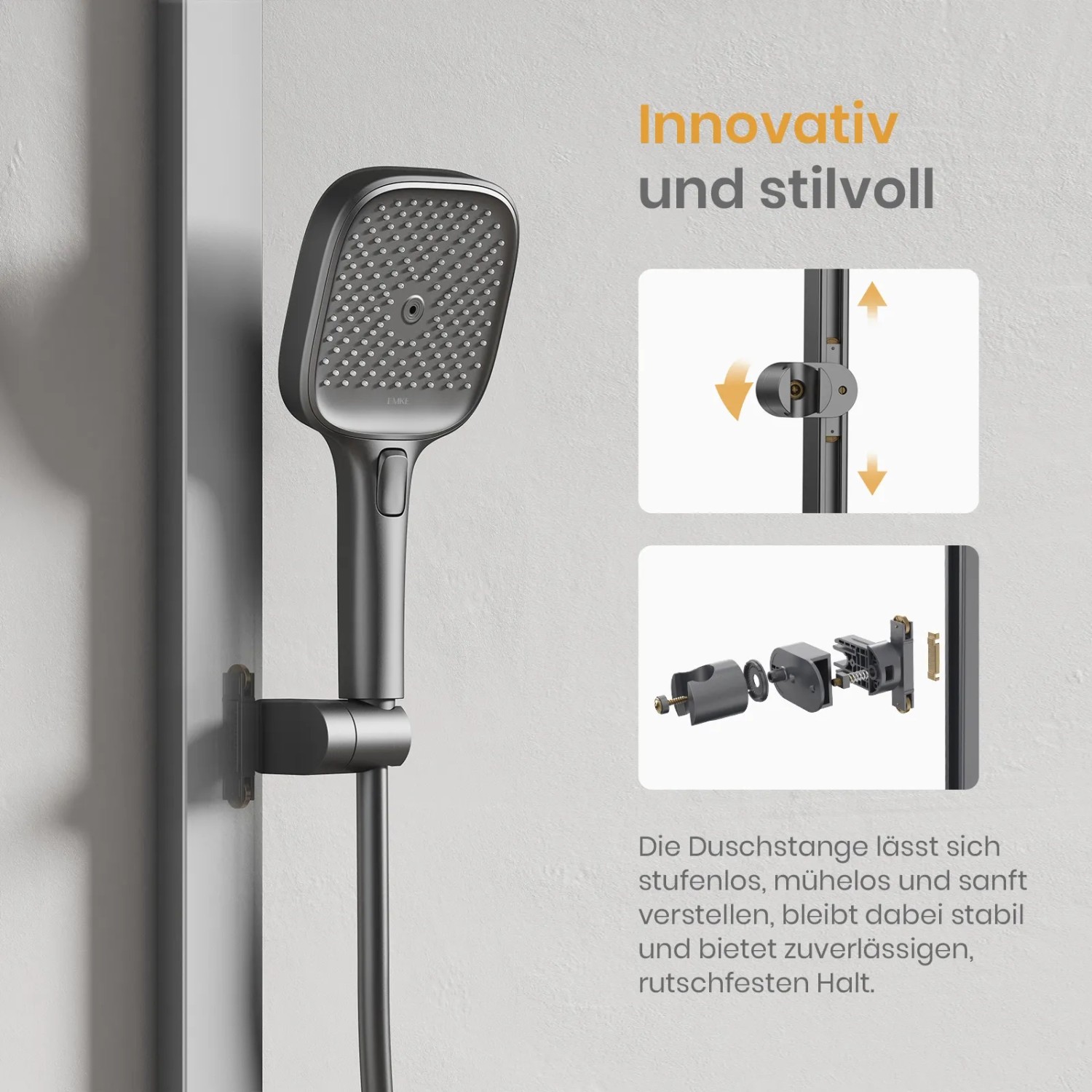 Anthrazitfarbenes Emke Duschsystem mit Thermostat, Regendusche und Handbrause. Komplettes Brauseset.
