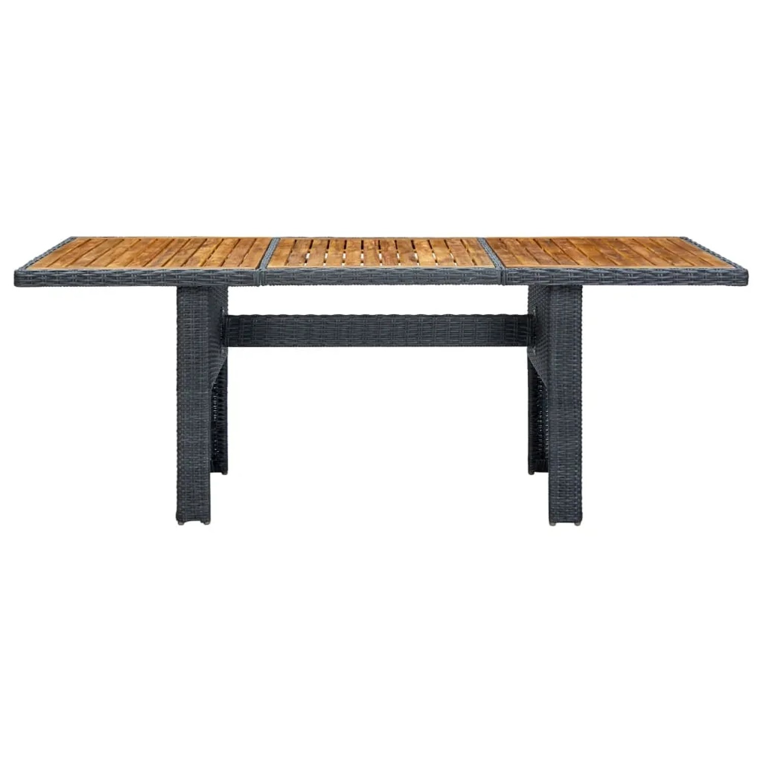 Dunkelgrauer vidaXL Gartentisch aus Poly Rattan mit Akazienholz Tischplatte.