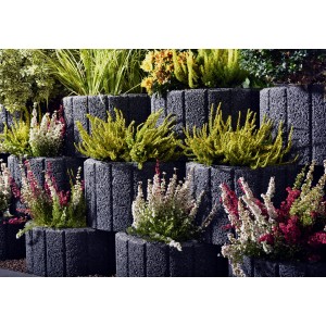 Anthrazit Pflanzringe, ca. 48x25cm, bepflanzt als Hangbefestigung.