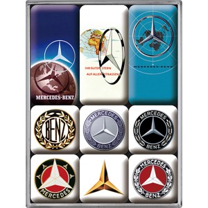 Nostalgic-Art Magnet-Set Mercedes-Benz Logo Evolution, 9 bunte Kühlschrankmagnete mit Auto-Logos.
