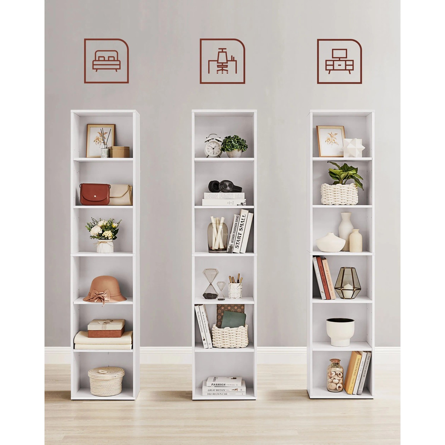 Weißes Songmics Bücherregal Custos mit 6 Ebenen, ideal für Wohn-, Ess- oder Schlafzimmer.
