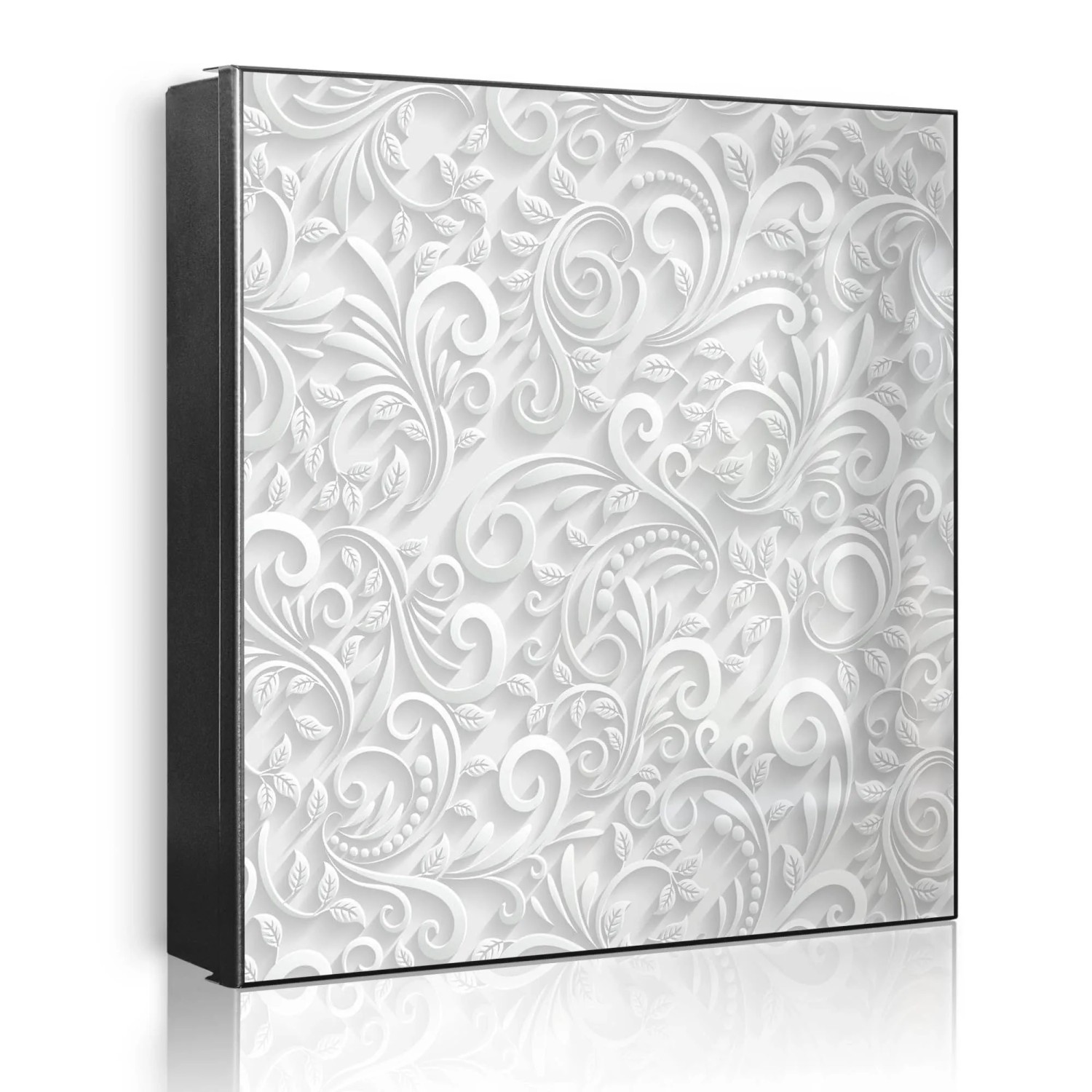 Banjado Großer Schlüsselkasten Metall 30x30cm Schwarz Scharnier Links 50 Haken Beschreibbar Magnetisch Motiv White Swirl
