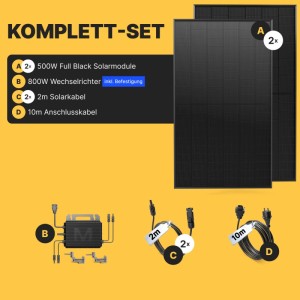 Solakon Balkonkraftwerk Komplettset: 2 schwarze Solarmodule, 800W Wechselrichter, Solarkabel und Anschlusskabel.