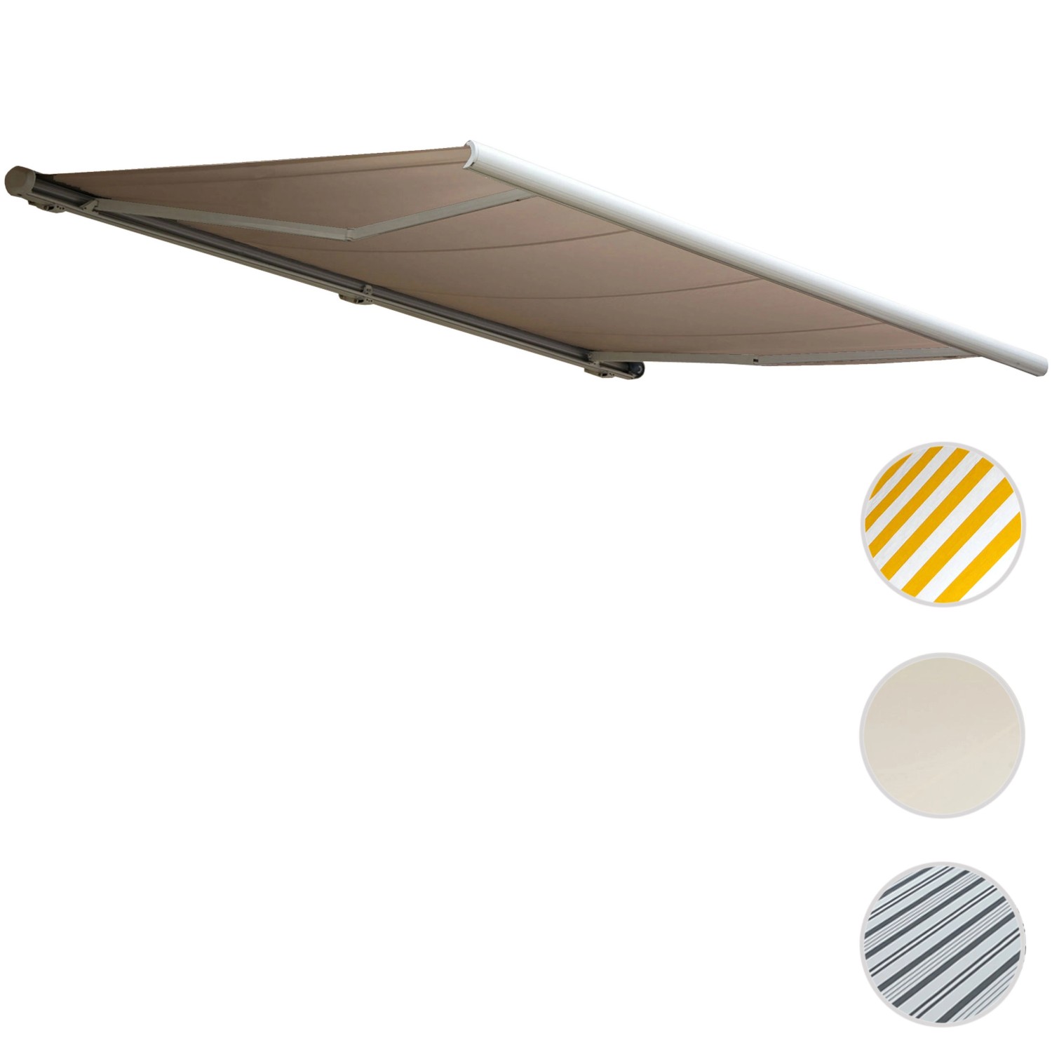 Elektrische Kassettenmarkise, 5x3m, sandfarbenes Polyester, mit Motor und Kurbel. Ideal für Terrasse und Balkon.