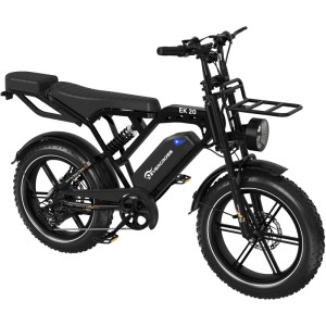Schwarzes EVERCROSS E-Bike 20 Zoll mit fetten Reifen, 7 Gängen, abnehmbarem Akku und Vollfederung.