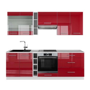 Vicco Fame-Line Küchenzeile, 235 cm, Bordeaux Hochglanz und Weiß mit Marmor Arbeitsplatte.