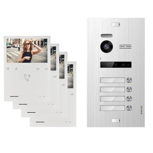 Balter Evo Video Türsprechanlage für 4 Familien, Silber, mit 4 Monitoren.