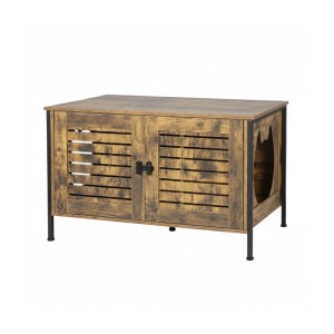 Katzenschrank in Vintagebraun Holzoptik mit Lamellentüren und Katzenkopf-Eingang. Ideal als Katzenklo-Versteck.