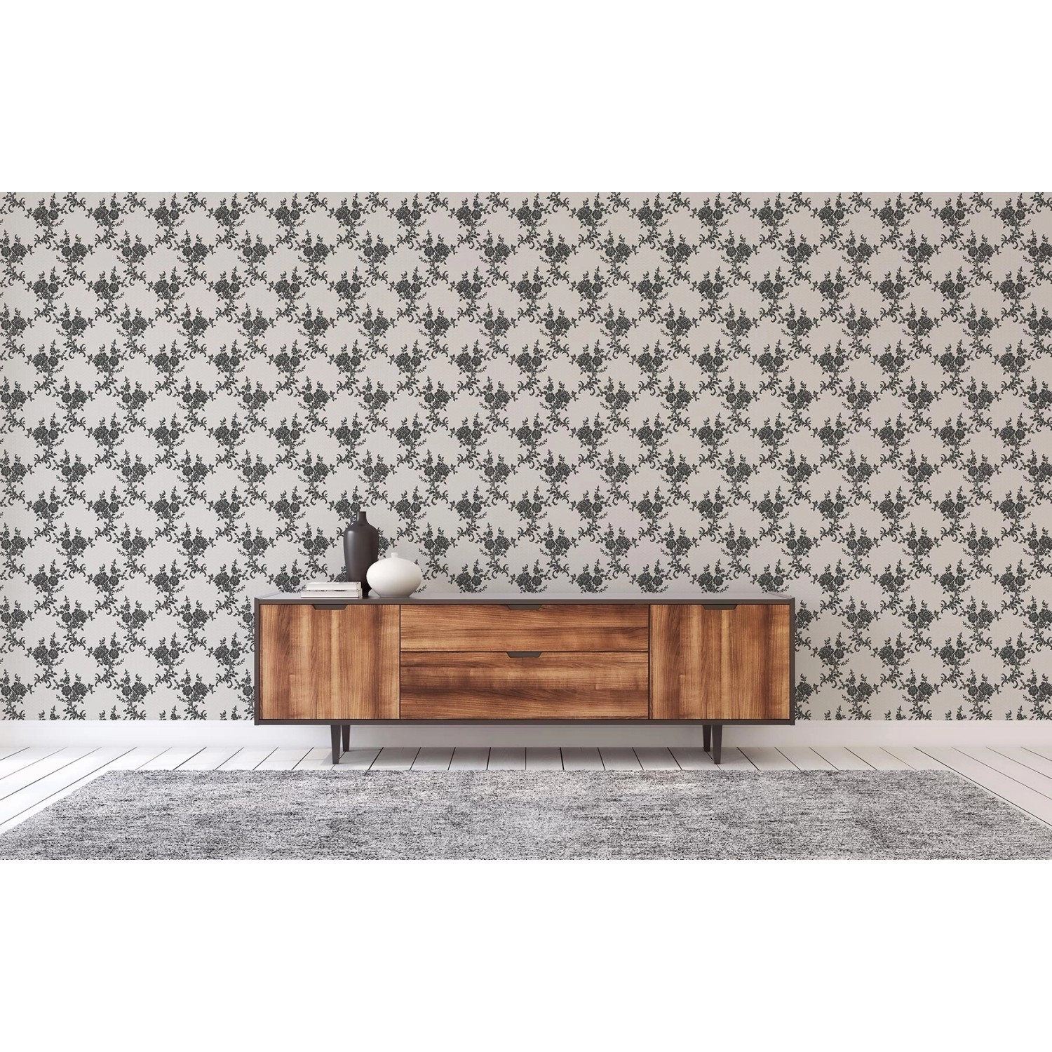 Barock Tapete Giulia M1 No 1956 in Weiß und Creme mit floralen Ornamenten an einer Wand.