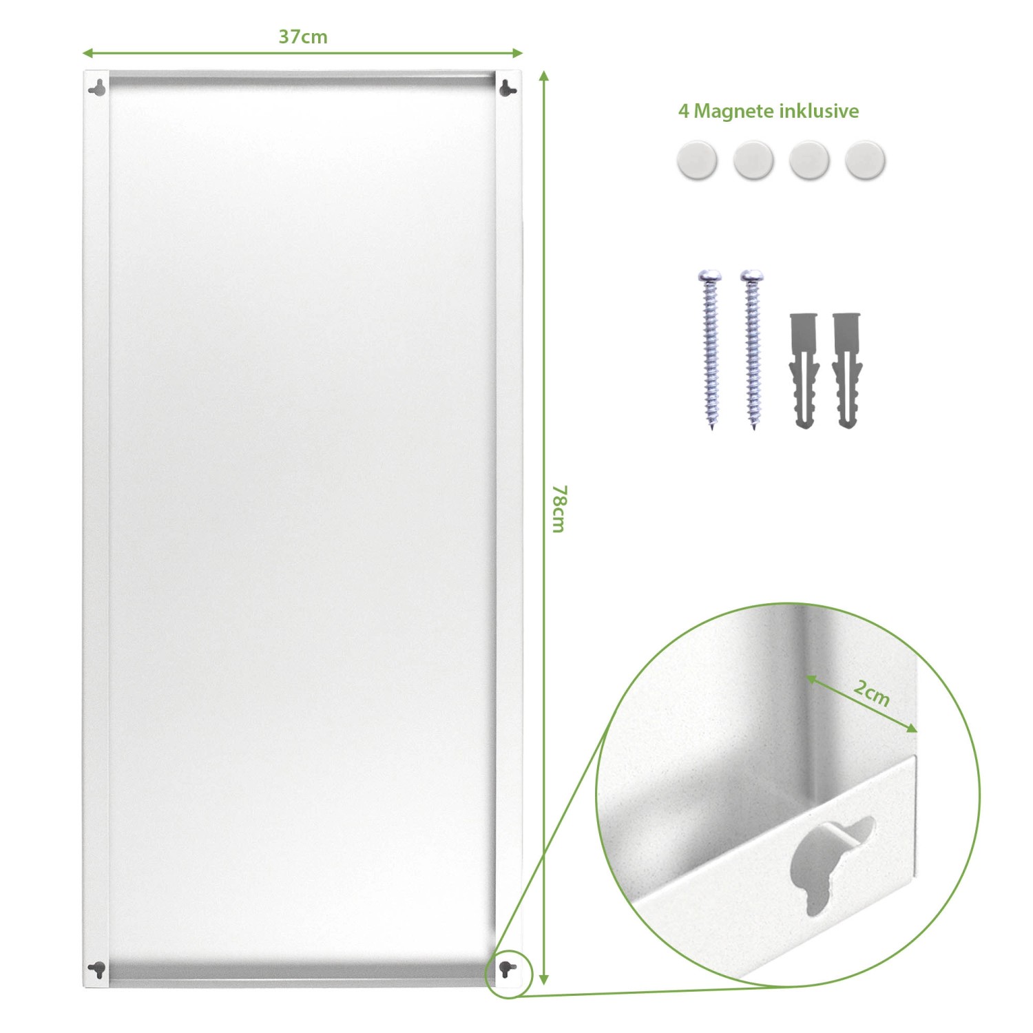 Weiße Magnettafel 37x78cm aus Metall mit 4 Magneten und Montagematerial.