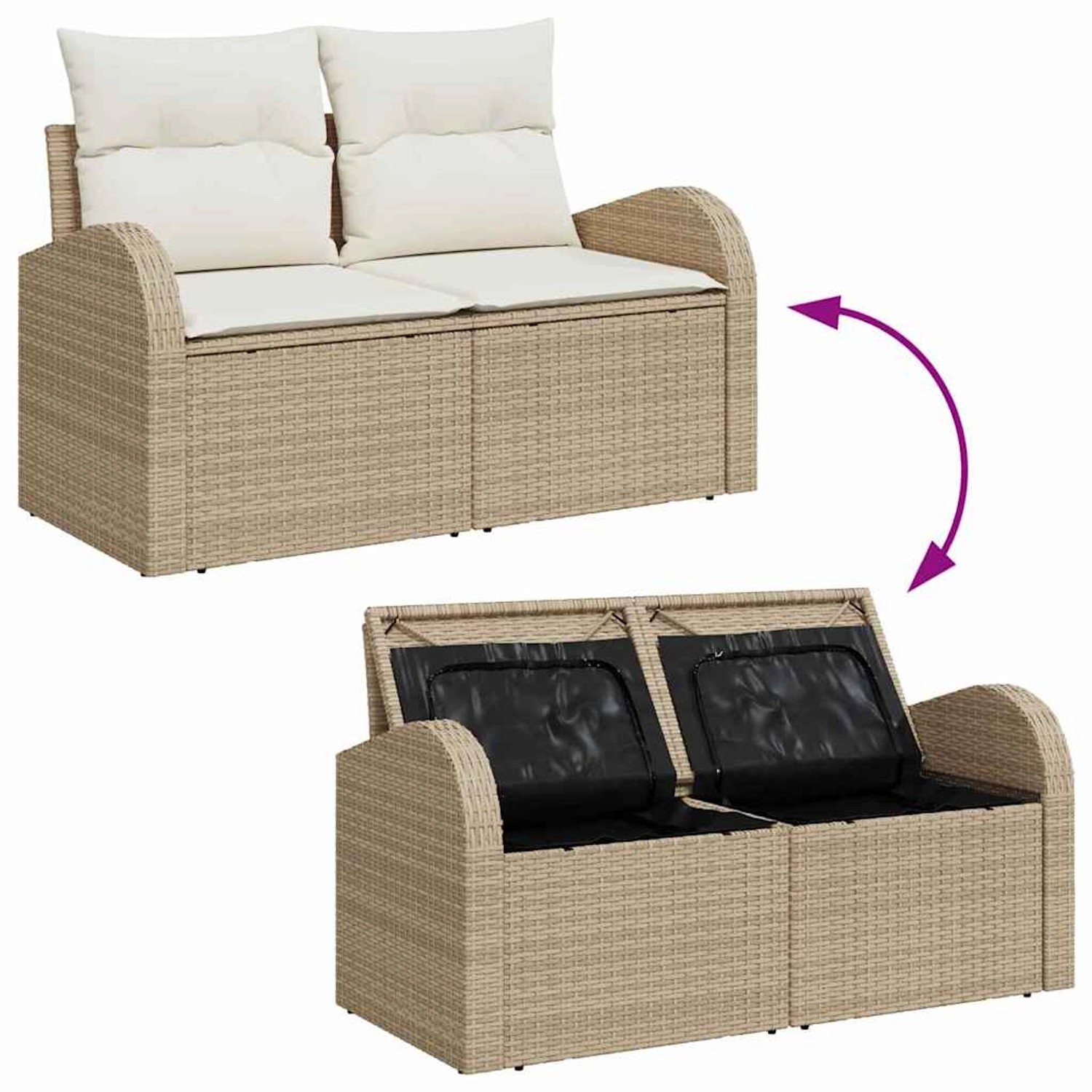 Beiges 8-tlg. vidaXL Garten-Sofa-Set aus Poly Rattan mit Kissen und Stauraum.