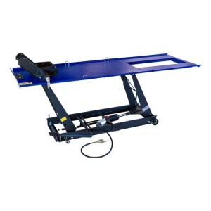 DeTec. Motorradhebebühne, max. 450 kg, blau, mit Radklemme und abnehmbarer Hinterradplatte.