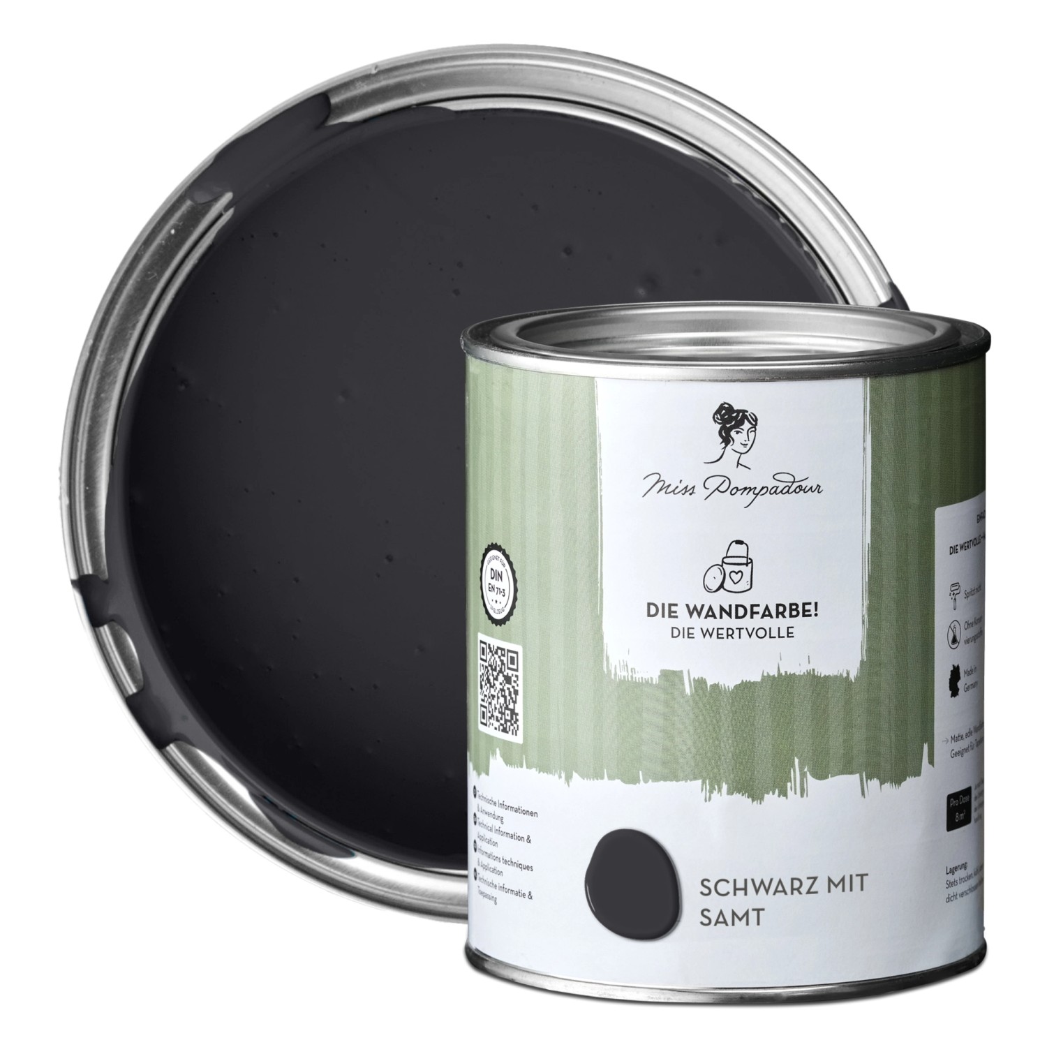 MissPompadour Extramatte Wandfarbe Schwarz mit Samt 1L Hochdeckend Spritzfrei