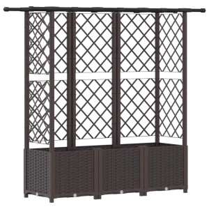 Braunes vidaXL Hochbeet mit Rankgitter und Dach aus PP. Dreiteiliger Pflanzkasten in Rattan-Optik mit Spalier.