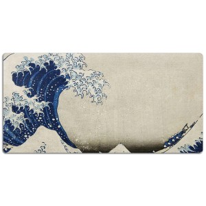 Schreibtischunterlage mit japanischem Wellenmotiv, blau-weiß auf beigem Grund. Japanische Kunst für den Schreibtisch.