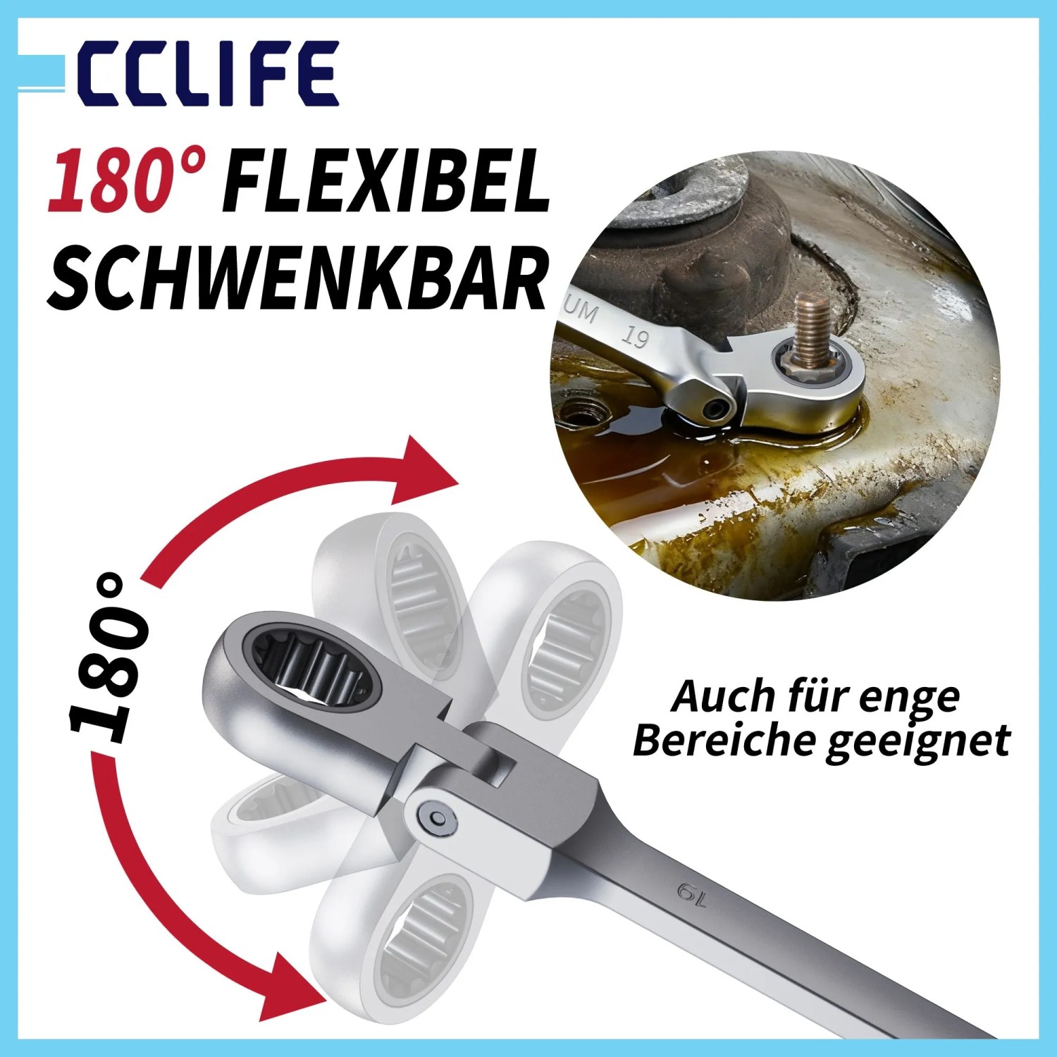Silberner CCLIFE Gelenk-Ratschenschlüssel mit 180° schwenkbarem Kopf, ideal für enge Kfz-Reparaturen.