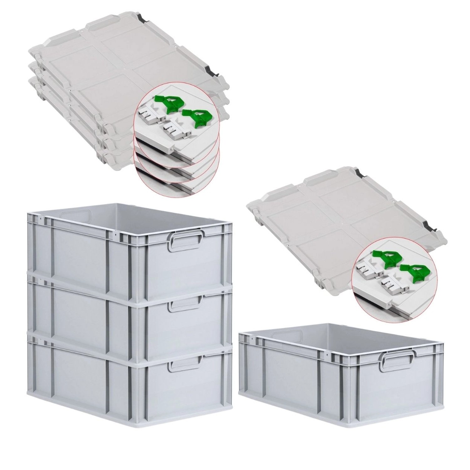 PROREGAL SuperSparSet 4x Eurobox NextGen Grip mit Scharnierdeckel und Grünen Schiebeschnappverschlüssen HxBxT 22 x 40 x ...