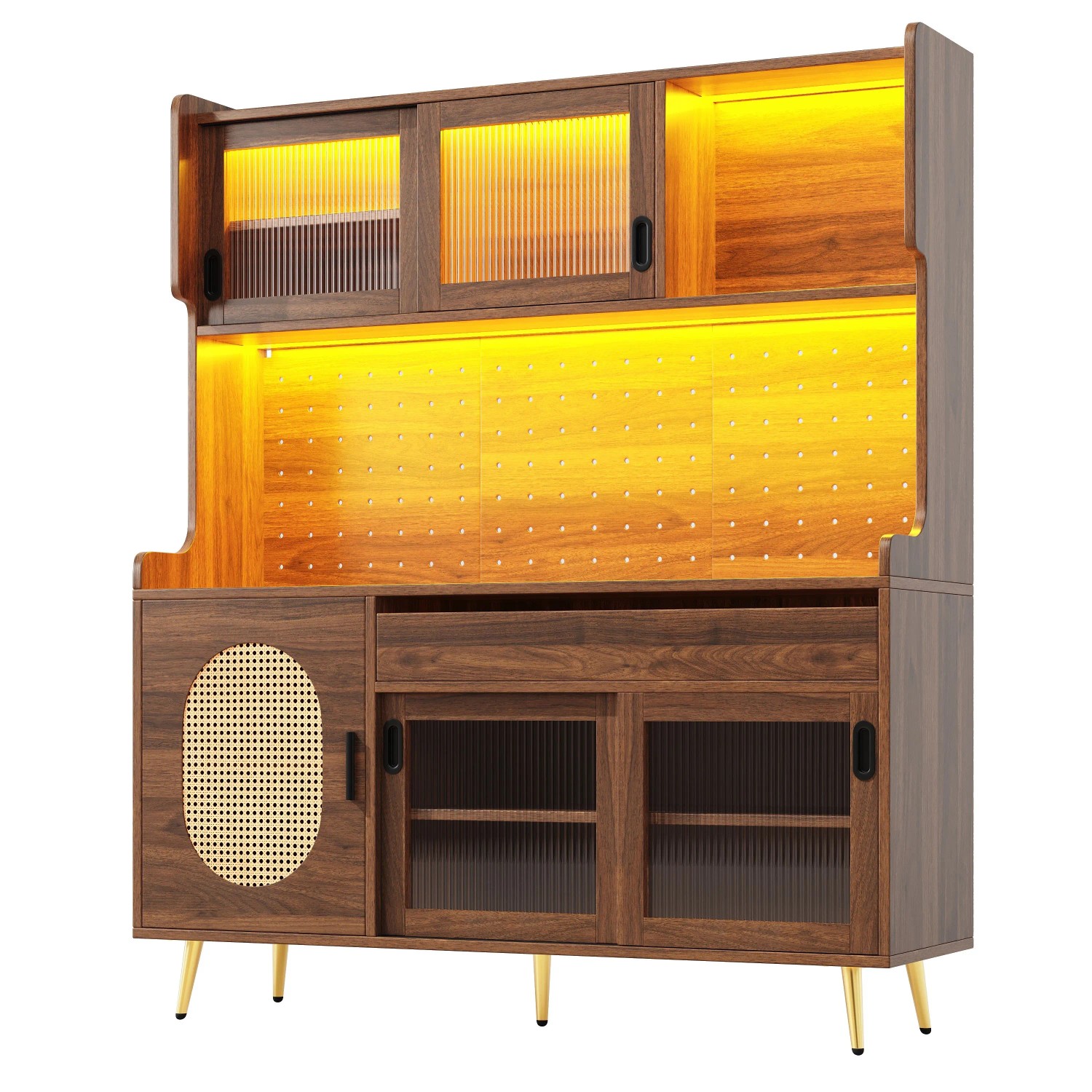 Merax Buffetschrank 145x39x171cm  LED  Fluted Glas Türen  5 Türen Braun/Schwarz