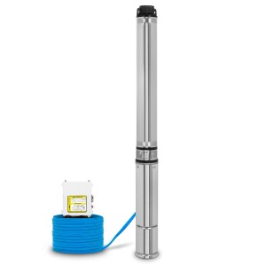 EBERTH 4 Zoll Tiefbrunnenpumpe 1100W mit blauem Kabel und Schaltbox.