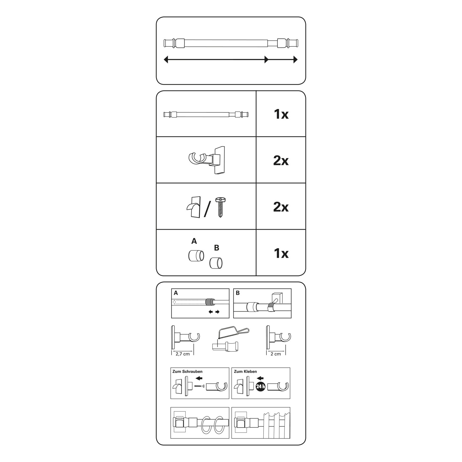 Montageanleitung für Gardinia Caféhausstange California, silber-matt, ausziehbar mit Zubehör.