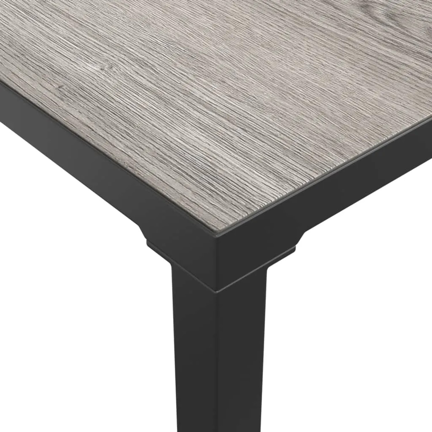 Detailansicht Tischplatte des vidaXL Garten-Lounge-Sets, Holzoptik grau, schwarzes Gestell.