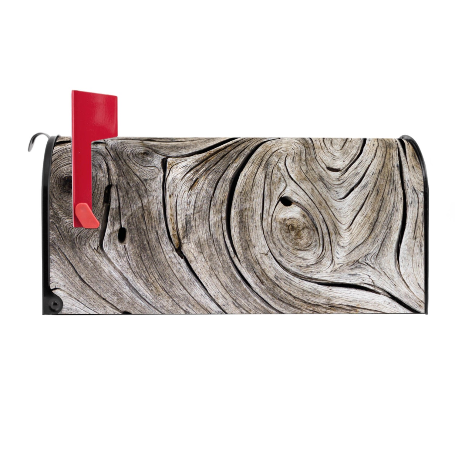 Schwarzer US Briefkasten mit Holzwirbel-Motiv und roter Fahne, 48x22x16cm.