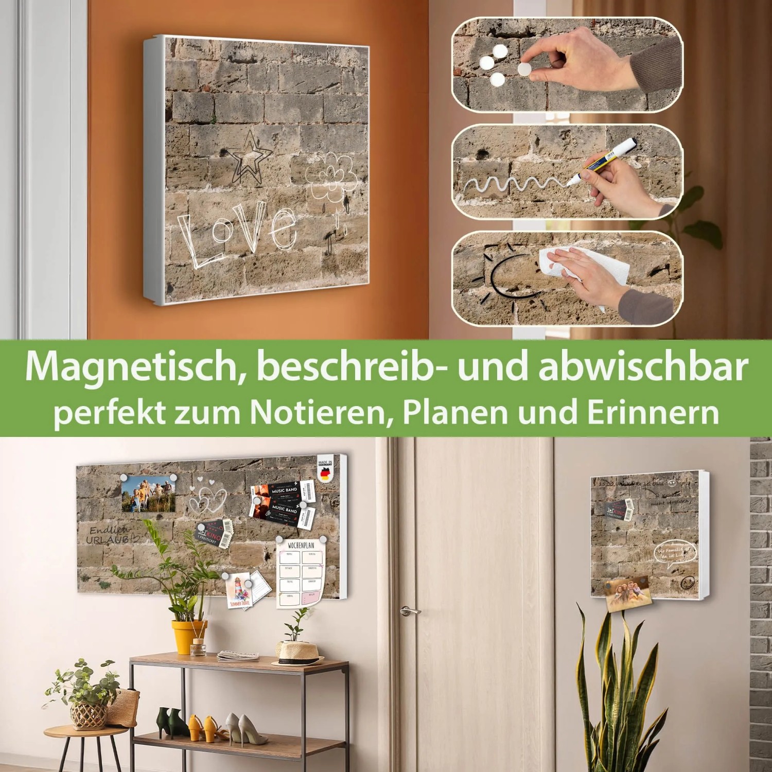 Banjado Großer Schlüsselkasten Metall 30x30cm Weiß Scharnier Links 50 Haken Beschreibbar Magnetisch Motiv Steinwand Antik