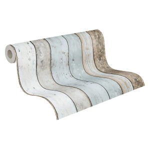 PROFHOME Landhaus Tapete in Holzoptik, blau, braun, beige. Rolle der Dekorative Tapete.