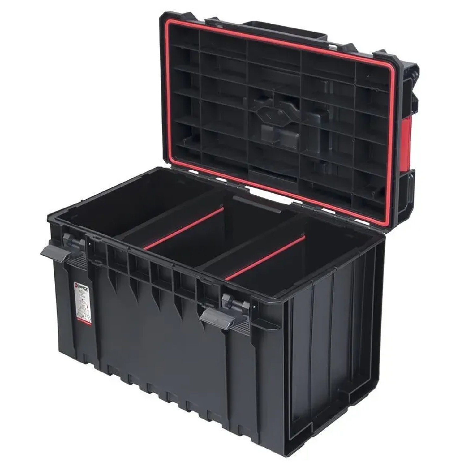 Offener, schwarzer PROREGAL QBRICK Werkzeugkasten One mit Aluschienen und roter Dichtung.
