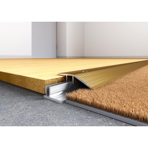 Messingfarbenes Ausgleichsprofil für Laminat/Parkett, 45 mm breit, gleicht Höhenunterschiede von 7-15 mm aus.