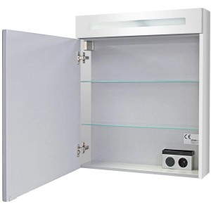 Offener Fackelmann Spiegelschrank B.Clever, weiß, 60 cm breit, mit zwei Glasböden und Beleuchtung.