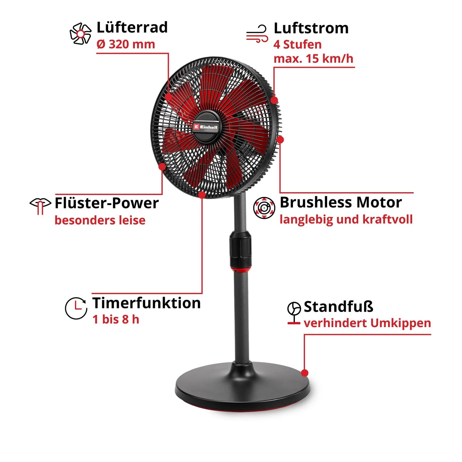 Einhell Akku-Ventilator GE-CF 18/320 P Li-Solo, schwarz-rot, höhenverstellbar.