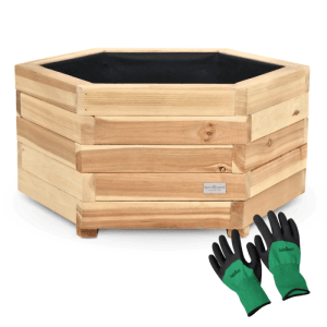 DELUKE Pflanzkasten Holz 6-eckig MICHA mit Vlies und Handschuhe Pflanzkübel Tannenholz Blumenkasten Blumenkübel 54,5cm Breit
