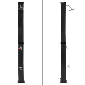 Schwarze ML-Design Solardusche mit Regenduschkopf und Fußdusche, 217cm hoch.
